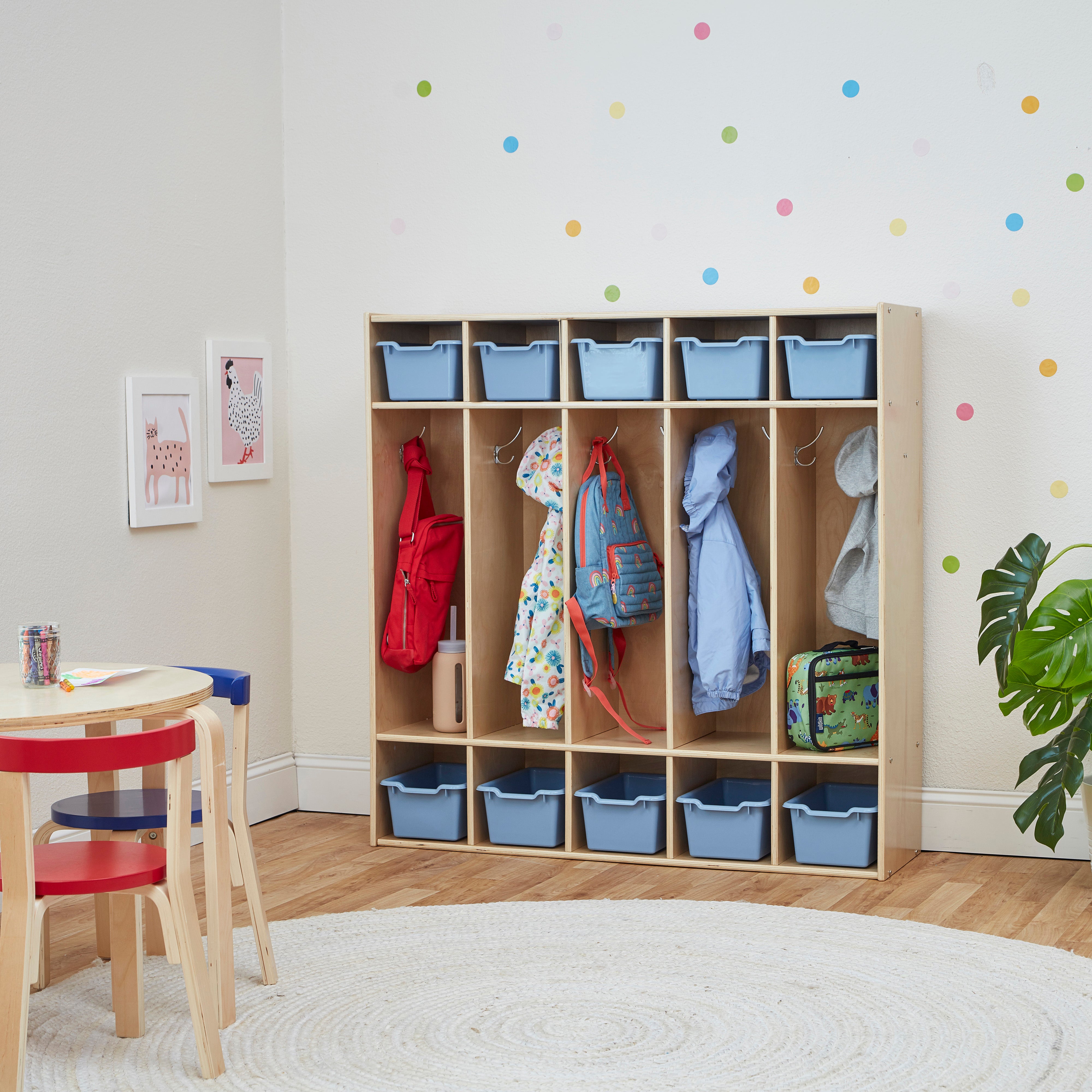 Streamline 5-Section Coat Locker with Scoop Front Storage Bins, Natural, Classroom Furniture