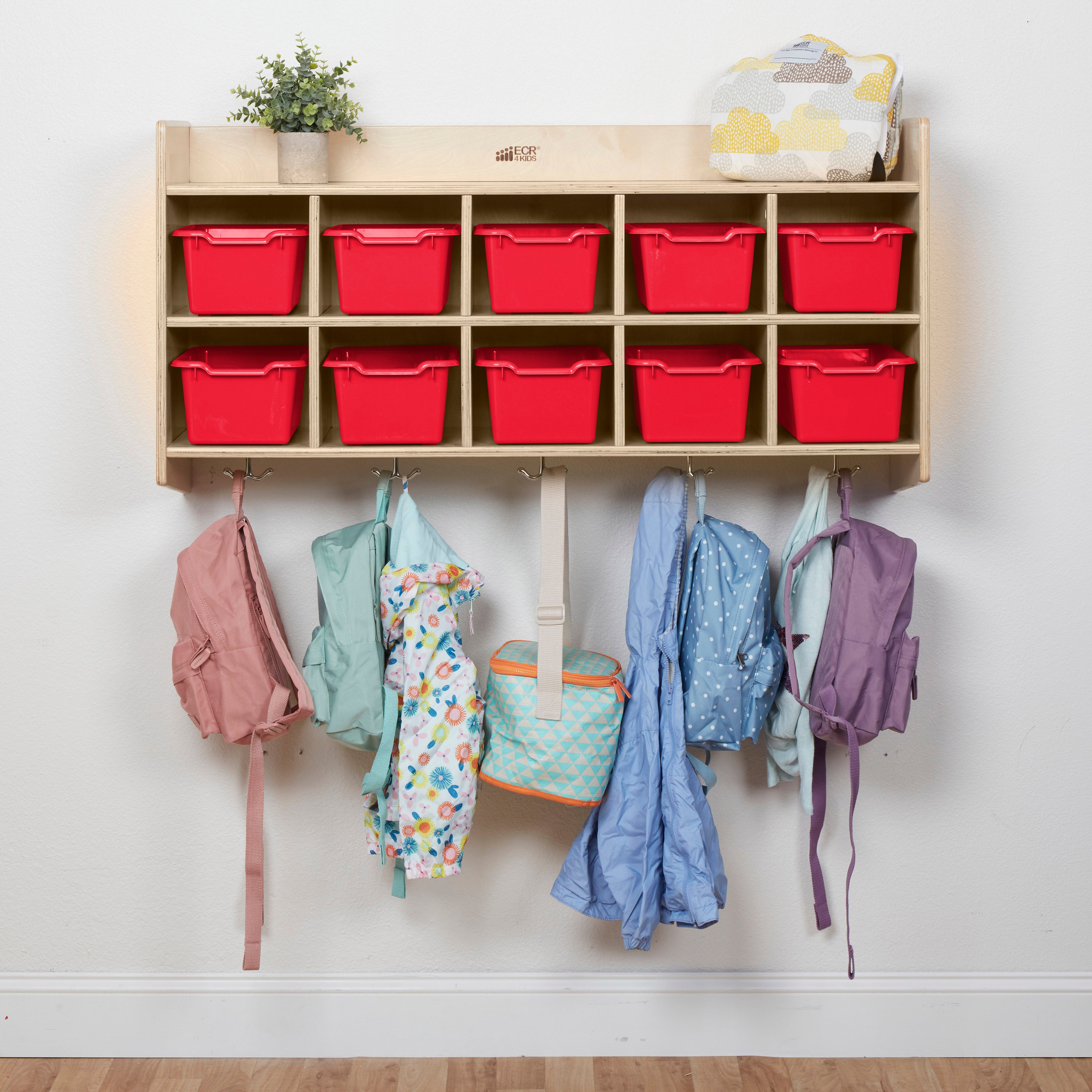 10-Section Hanging Coat Locker with Shelf and 10 Scoop Front Storage Bins, Natural, Classroom Furniture