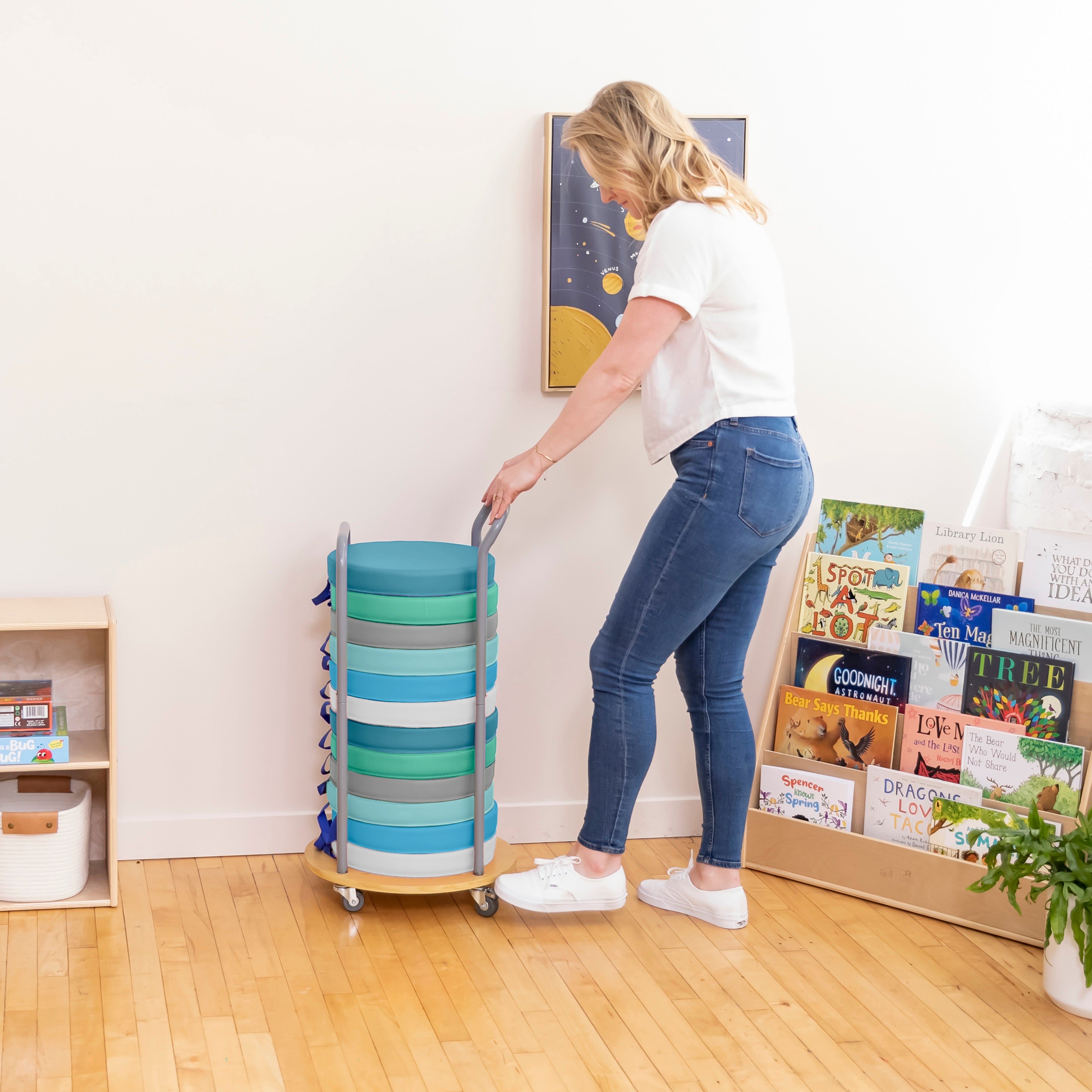 Mobile Storage Cart and 12 Round Floor Cushions with Handle, Classroom Flexible Seating