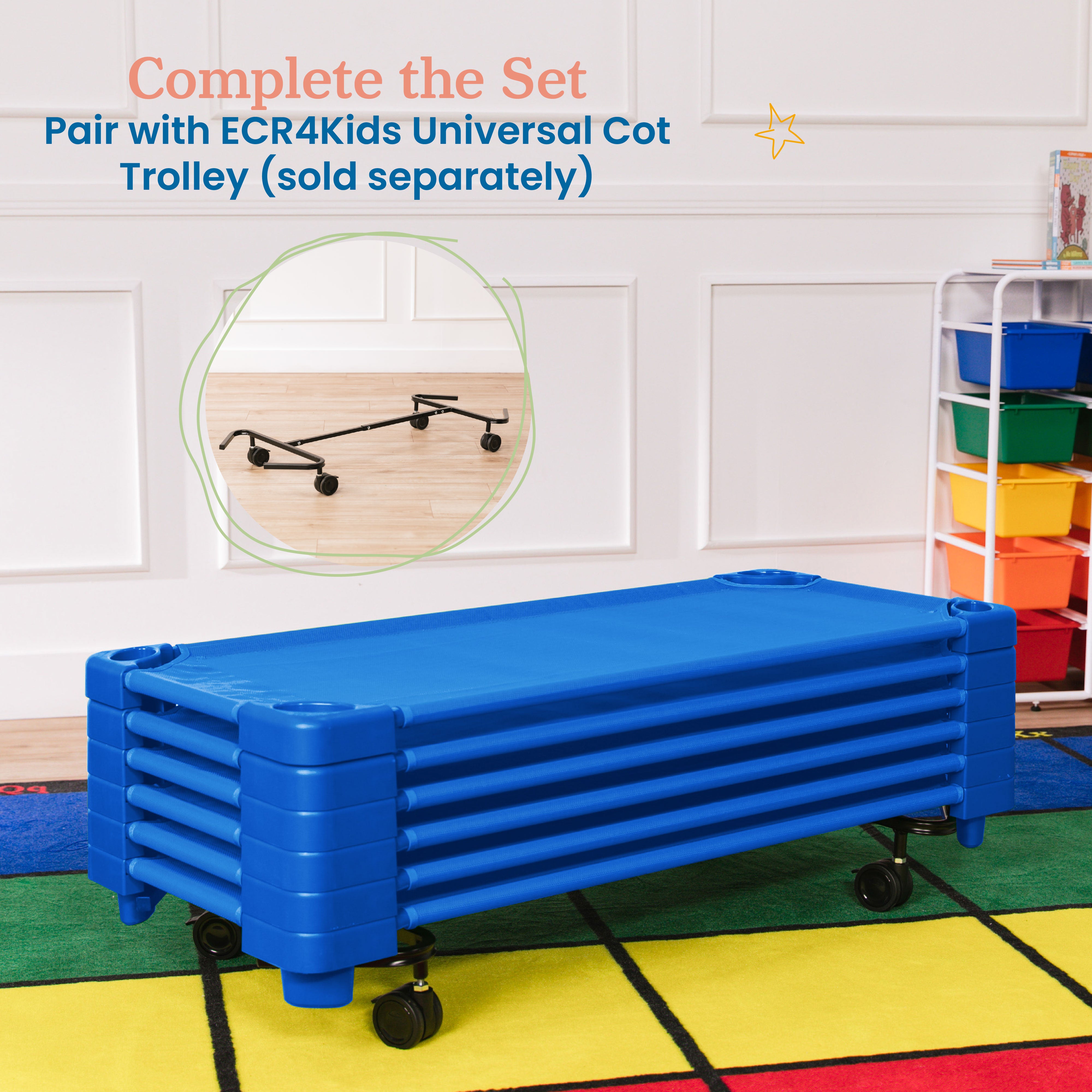 Stackable Kiddie Cot, Standard Size, Assembled, 5-Pack - Blue