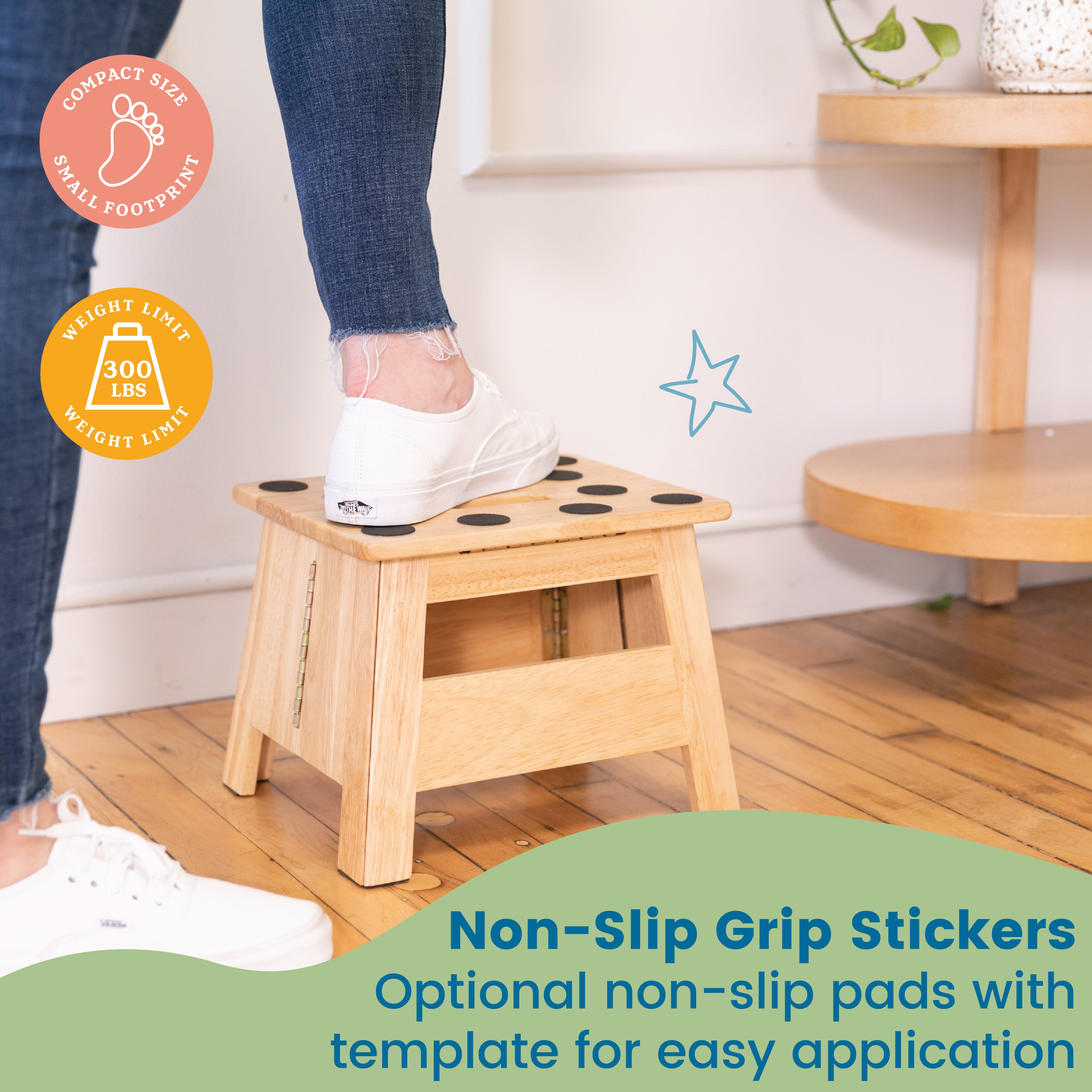 Folding Step Stool with Handle, Hardwood Non-Slip Stepstool